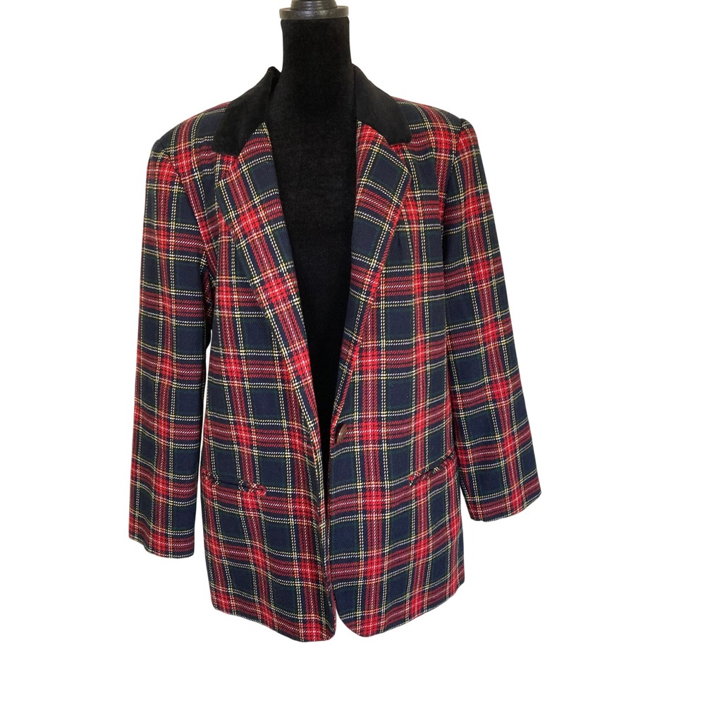 Sag Harbor Petite Vintage Plaid Wool Blend Blazer Velvet Collar Red Navy 10P